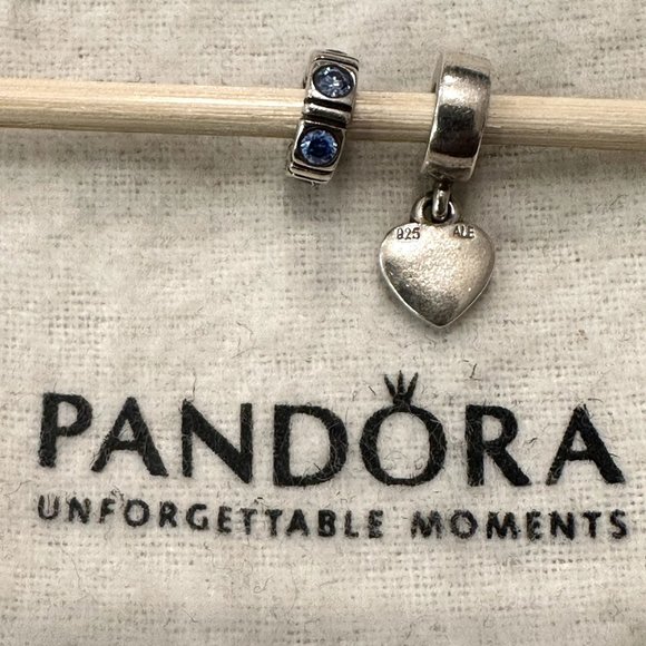 (2) Authentic Pandora Charm Spacers Blue CZ Stones Dangle Heart Sliver 925 ALE - Picture 4 of 7